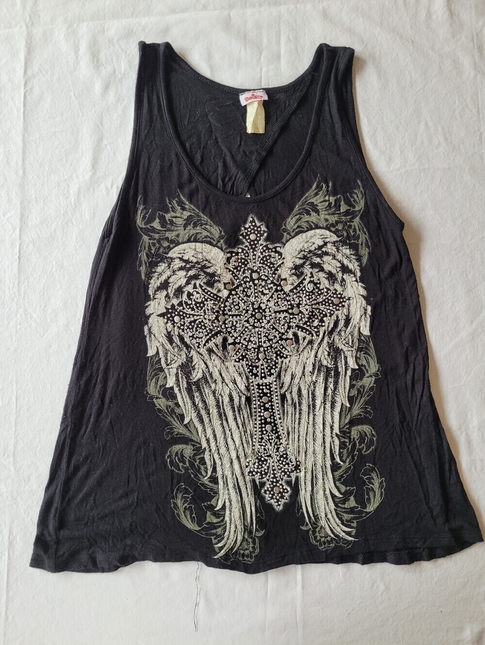 Vtg Bling Bling Black Graphic Angel Wing Tank Top Size M